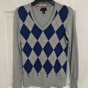 Vintage Tommy Hilfiger Sweater Argyle V Neck Gray/Blue 100% Pima Cotton Women S